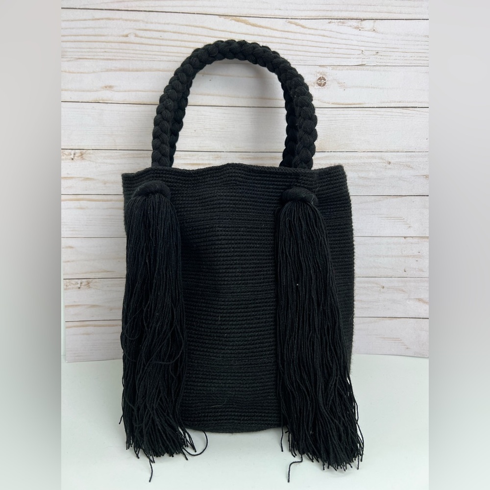 - All Black Hand-Knit Top Handle Bag - Large Wayuu Boho Shoulder Bag - Tre…
